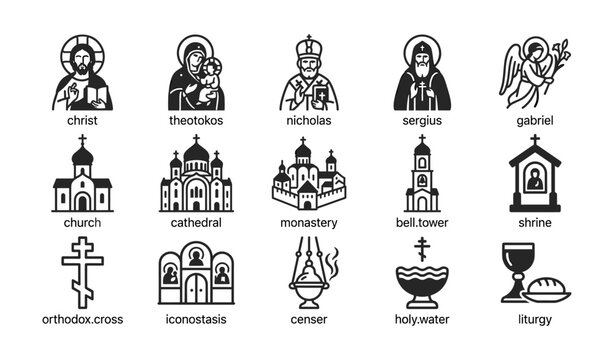 Orthodox religious icons and church symbols on white background