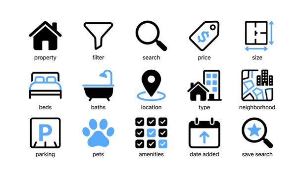 Property search icons showing filters attributes and options grid