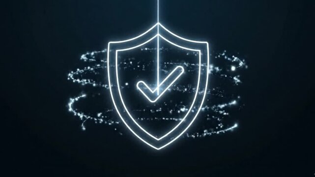 Vibrant neon shield with a checkmark symbolizing robust digital cybersecurity, data protection, and verified online safety in an abstract technological concept