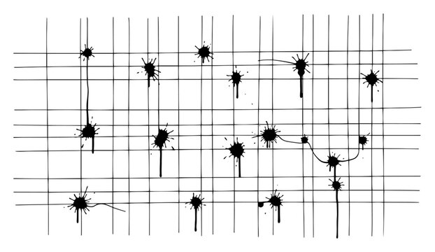 Black ink splats and stains scattered on a graph paper grid background artistic sketch style