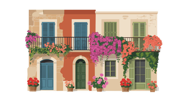The facade of a multi-story Mediterranean building features blue wooden shutters, arched doorways, vibrant pink bougainvillea, and blooming potted red geraniums.