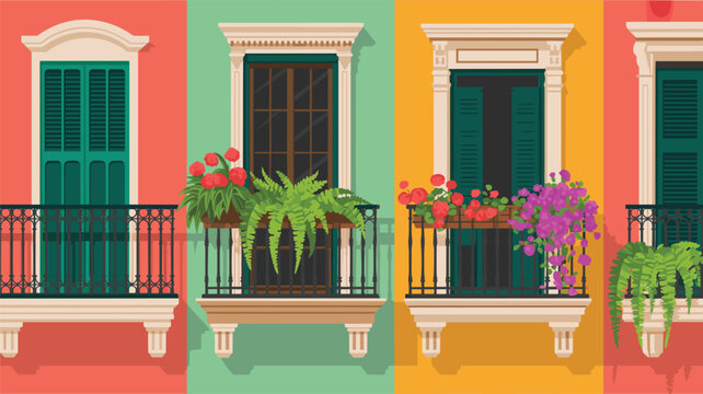 A sequence of four colorful building facades shows classic architectural windows with green shutters and wrought iron balconies adorned with potted plants and flowers.