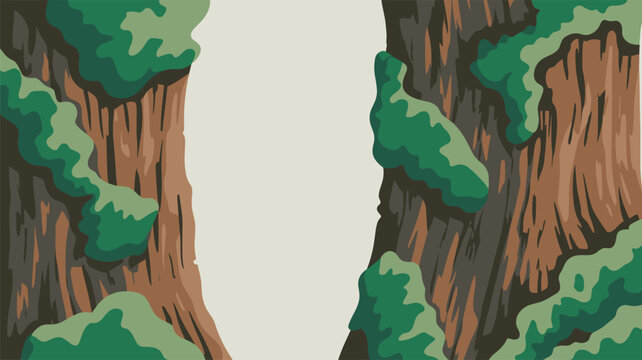Two massive vertical tree trunks covered in textured brown bark and vibrant green moss formations stand on either side of a central empty space under natural sunlight.