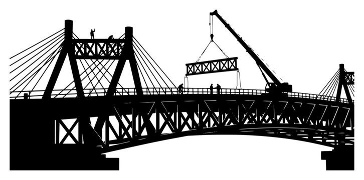 Bridge construction site with heavy crane lifting steel truss and workers in black silhouette style
