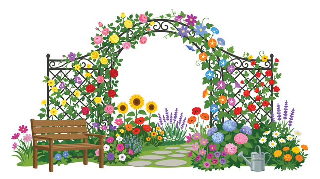 Decorative wrought iron garden arch adorned with climbing roses and morning glories sits over a stone path beside a wooden park bench.
