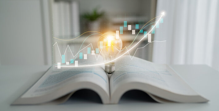 An open book symbolizes knowledge and learning, with a light bulb representing ideas and growth surrounded by digital graphs highlighting financial trends. Impute