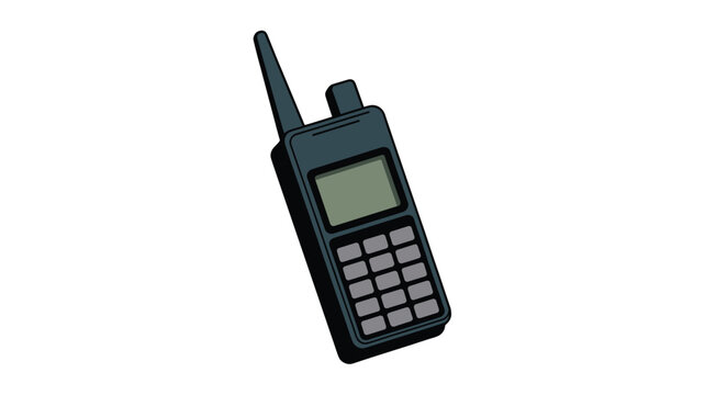 A portable handheld radio transceiver with a tall antenna and a basic digital keypad sits against a plain white background in a digital illustration style.