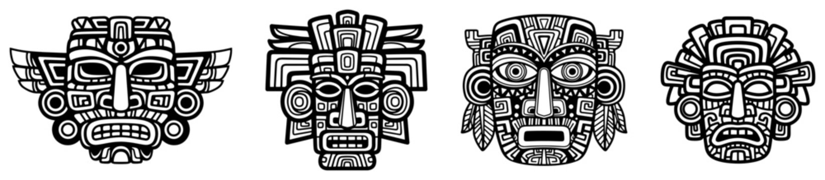 Tribal masks with geometric patterns and ancient indigenous details in black and white line art doodle style