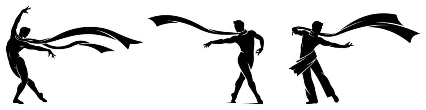 Male dancers performing with long flowing fabric scarves in artistic silhouette style