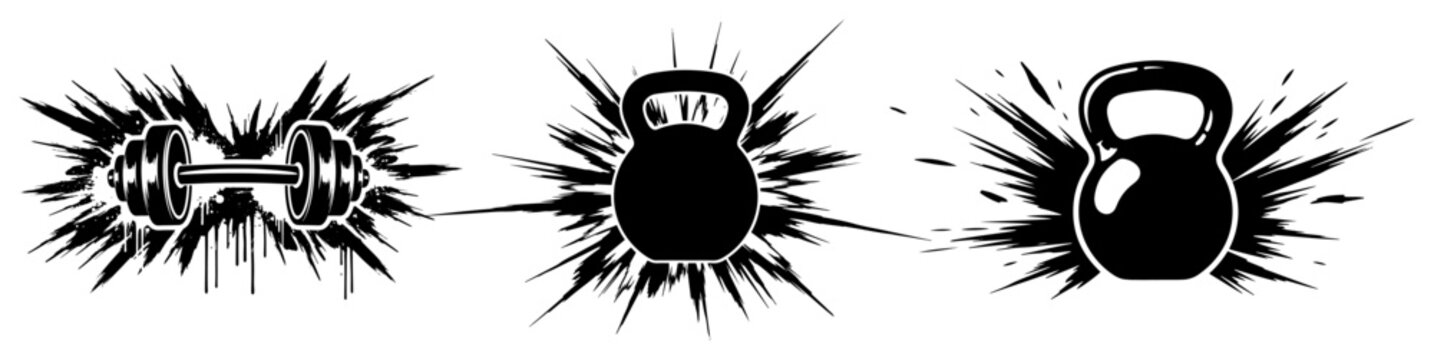 Dumbbell and kettlebell fitness equipment silhouettes with energetic splash effects
