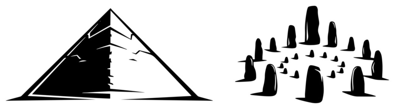 Great pyramid and Stonehenge stone circle monuments in minimalist silhouette style