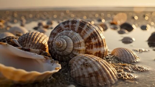 Video of seashells on a beach at sunset, tranquil atmosphere, close-up of marine beauty