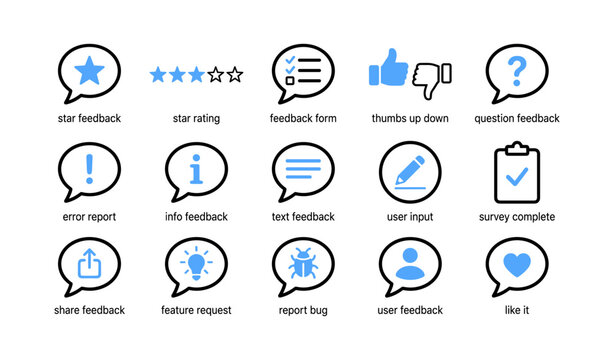 Feedback and survey icons arranged in grid on white background