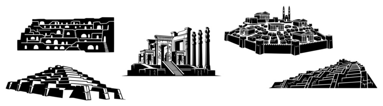 Ancient ruins and archaeological landmarks set in high contrast black and white style