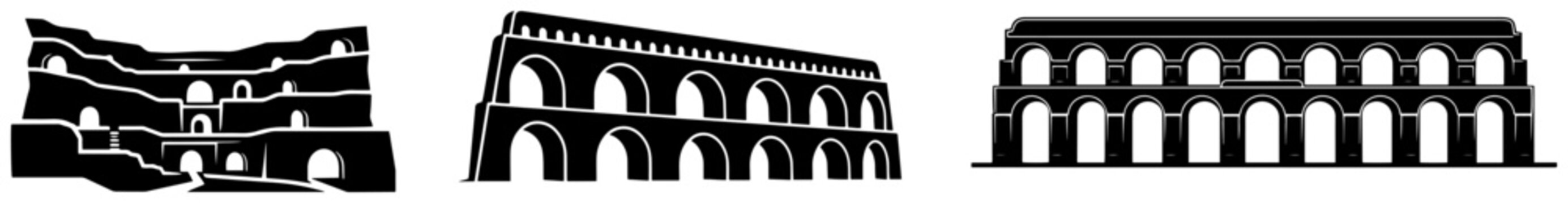 Roman ruins and ancient aqueduct silhouettes set vector icons