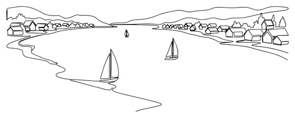 Fototapeta premium Coastal landscape with sailboats and lakeside village continuous line art drawing