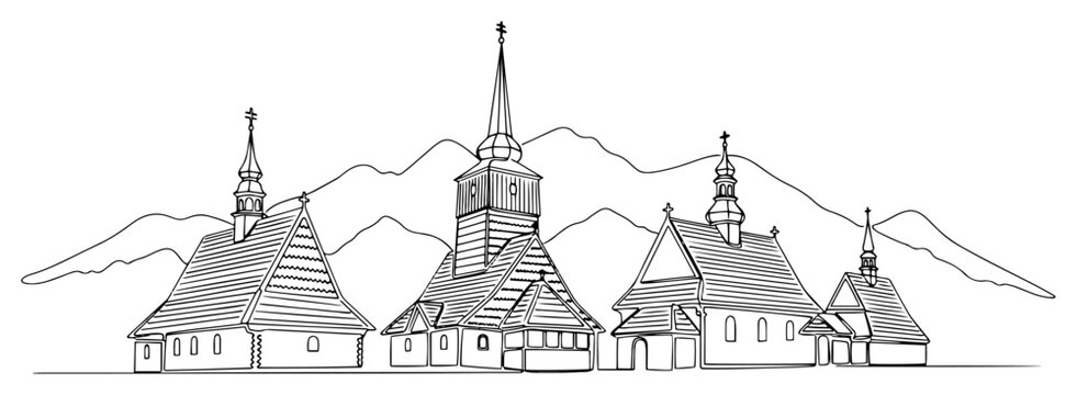 Traditional wooden churches with mountains in background continuous line art drawing