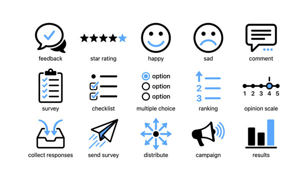 Survey and feedback icons showing rating and response actions