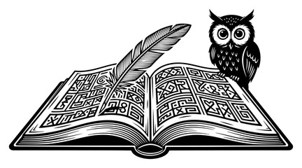 Open magic book with quill pen and wise owl in vintage woodcut engraving style © Tomas