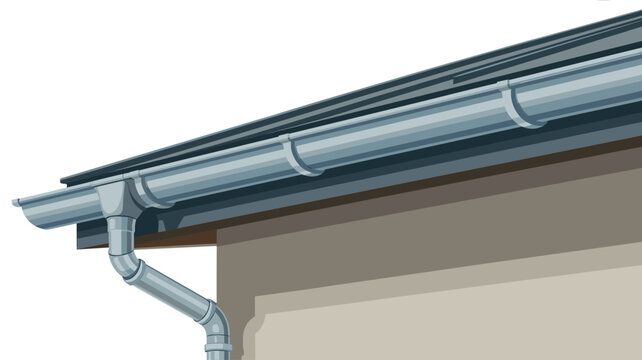 An aluminum roof gutter and downspout system is mounted to the eaves of a light beige building wall in a digital illustration with a clean white background.