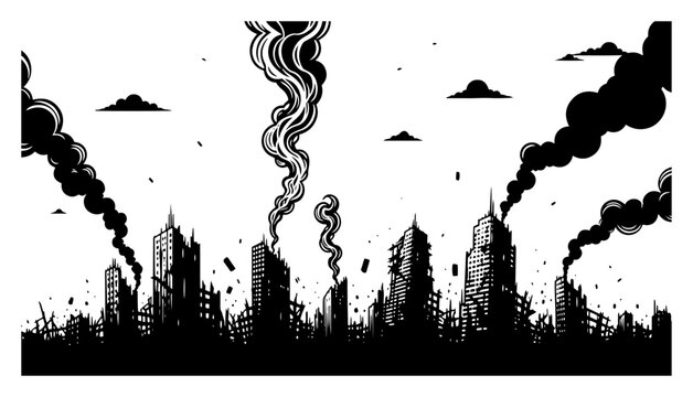 Destroyed city ruins with smoke rising from burning skyscrapers vector illustration
