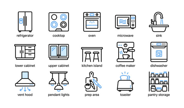 Kitchen appliance and fixtures icons displayed on white background