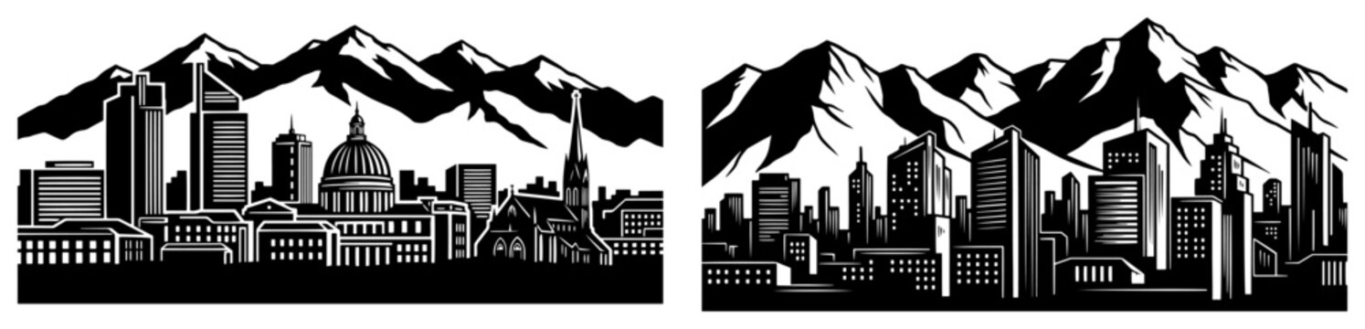 City skyline panoramic banners with modern skyscrapers and mountain ranges in black and white stencil silhouette style