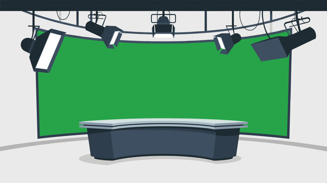 The wide curved anchor desk sits in a clean minimalist television studio with a green screen backdrop illuminated by professional overhead lights in a white room.