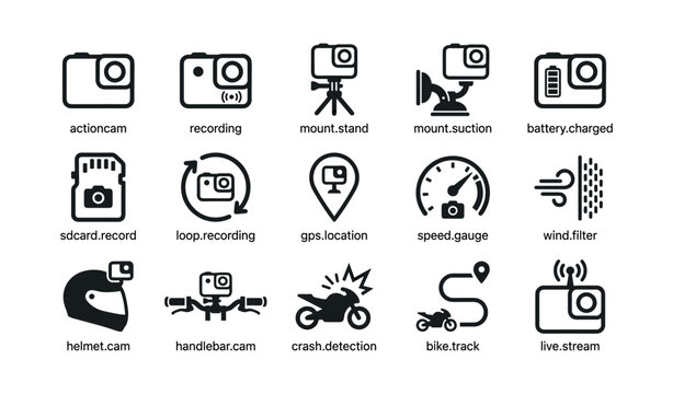 Action camera and motorcycle mounting icons in grid