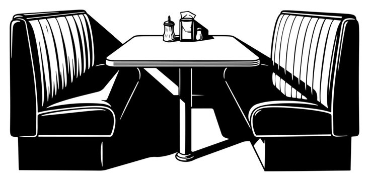 Empty diner restaurant booth with table and cushioned seating in vintage engraving style