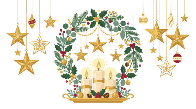 A circular Christmas wreath featuring candles and berries is elegantly surrounded by hanging golden stars and holiday baubles in a festive isolated white design composition.