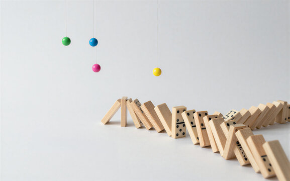 Dominoes topple colorful balls hang above math equations below.