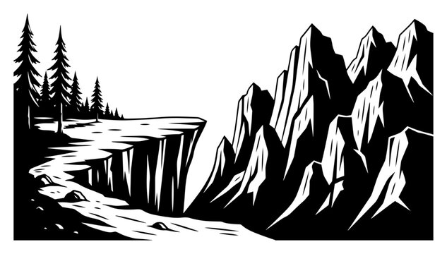 Mountain range with steep cliff and pine forest in woodcut style