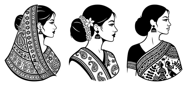 Indian women portraits in profile wearing traditional saree dress and jewelry in decorative stencil woodcut style