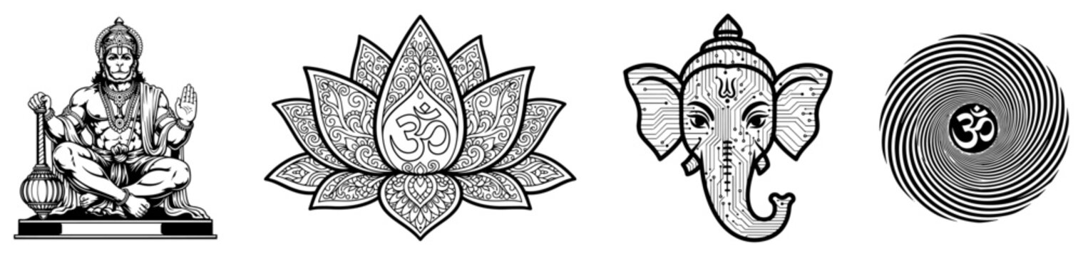 Hindu religious icons including lord ganesha hanuman lotus and om symbol in detailed black and white line art style