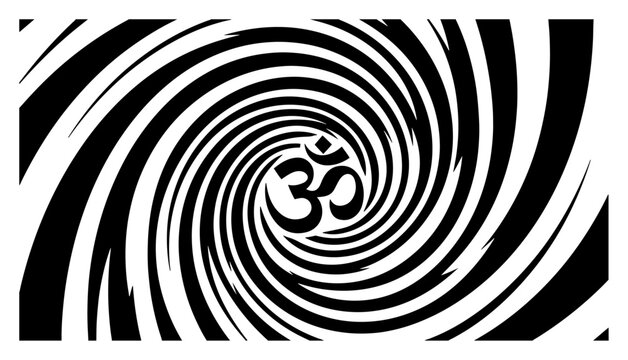 Om spiritual symbol centered inside a hypnotic spiral sunburst background in bold graphic style