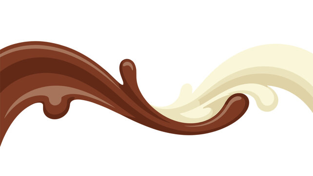 A dynamic fluid splash of rich brown chocolate and creamy white milk intertwines in a smooth flowing wave against a stark clean white background surface area.