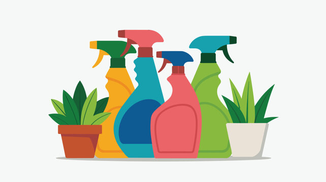 Four vibrant plastic cleaning spray bottles are arranged in a row with two potted green plants placed on either side in a flat graphic illustration style.