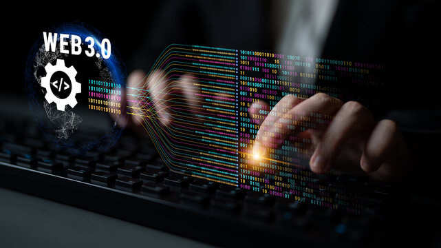 The concept of Web 3.0 development and decentralized data processing. The flow of binary code and information in the next generation internet. Motif