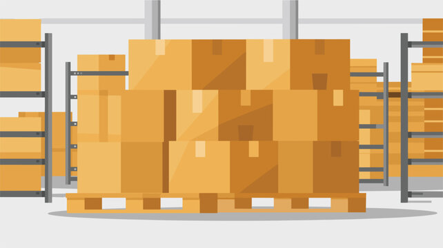 A wooden shipping pallet loaded with a dense stack of brown cardboard supply boxes is positioned within a large industrial warehouse storage facility shelving system.