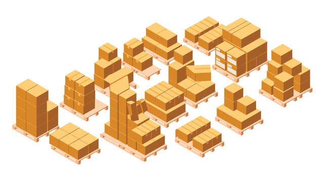 An isometric view of numerous wooden pallets stacked high with cardboard boxes in a warehouse setting ready for logistics and commercial shipping distribution operations.