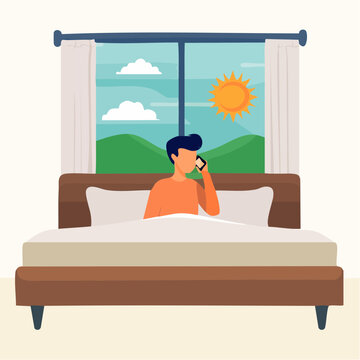 Man Talking on Phone in Bed with Sunny Morning View