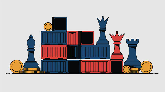A strategic business concept graphic featuring stacked shipping containers interspersed with classic chess pieces and gold coins on a minimalist flat background surface.