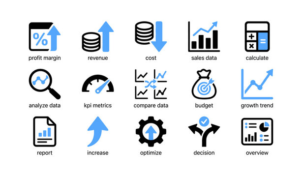 Business metrics and financial analysis icons on white background