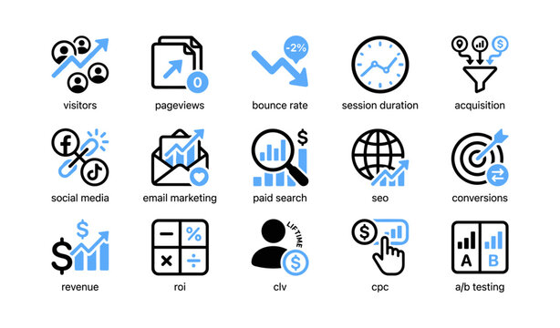 Marketing and analytics icons showing metrics and channels on white