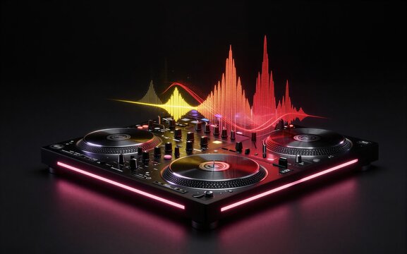 DJ controller with glowing red lights and vibrant audio waveforms