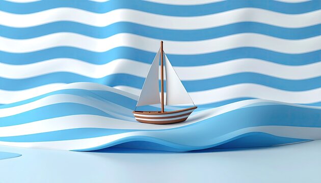 Small boat on waves, blue and white striped background mimicking ocean waves