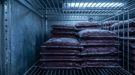 Fototapeta premium Frozen meat açaí stacked in industrial freezer, food storage and preservation macro close-up, food detail, natural background