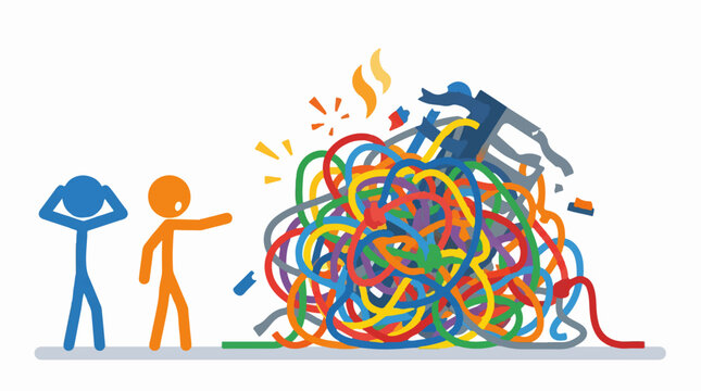 Two people looking at a giant tangled mess of colorful wires