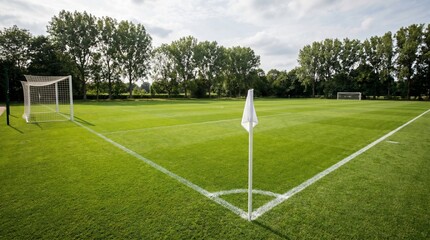Fototapeta premium Soccer field green grass lawn with goal post and corner flag located in open rural park area featuring dense tree line in distance against bright cloudy sky on summer afternoon scene.